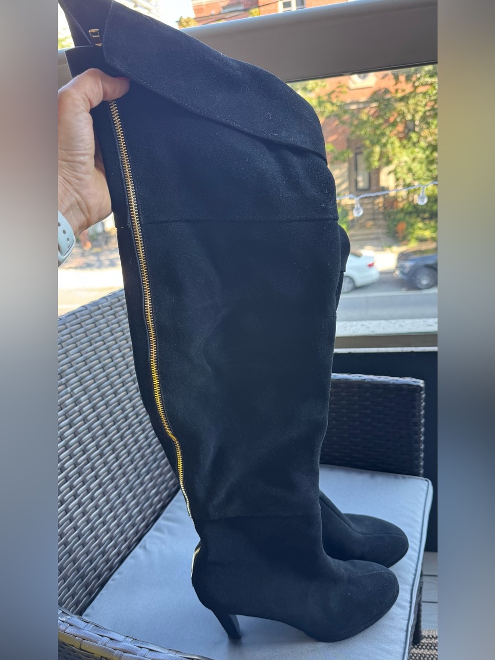 Kelsi Dagger Black Over-the-Knee Suede Boots | Gold Side Zip | Size 9.5